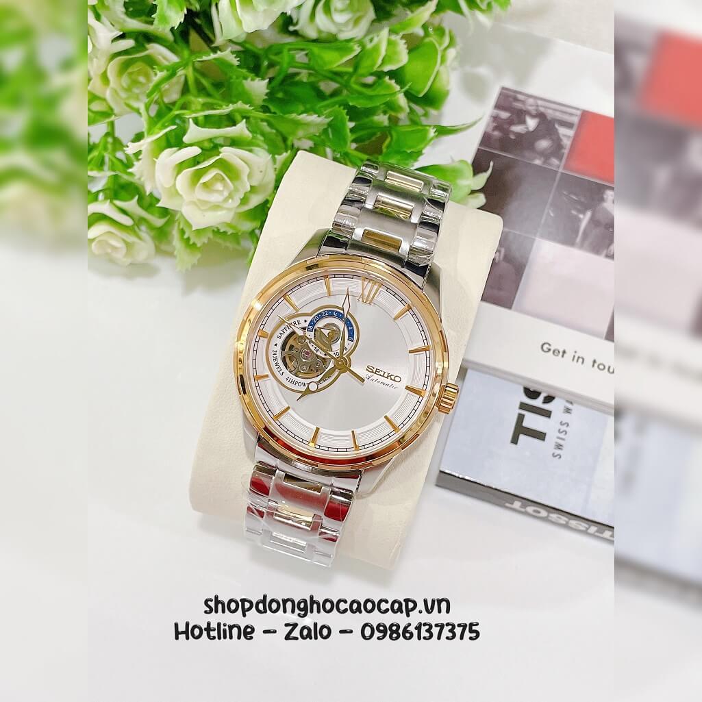 Đồng Hồ Nam Seiko Cơ Tự Động Hở Tim 9h Dây Kim Loại Demi Mặt Trắng 42mm