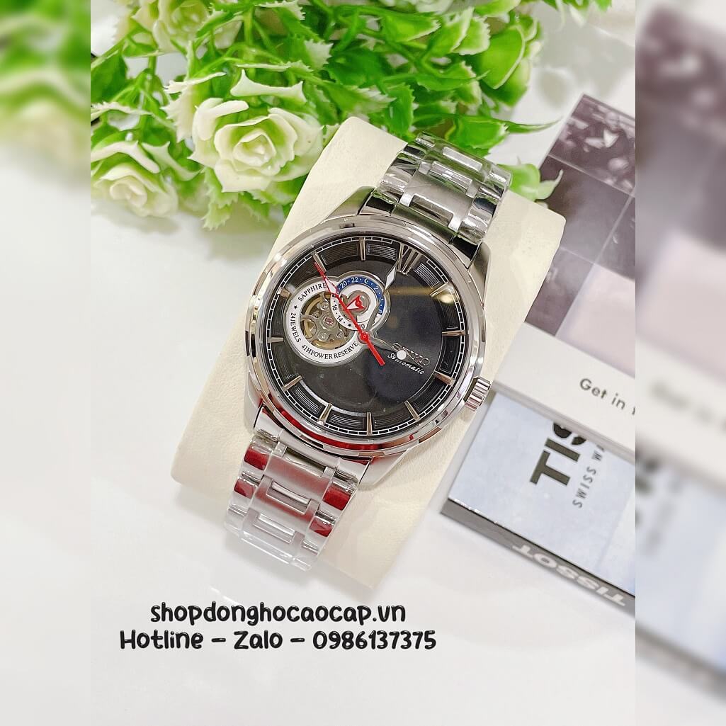 Đồng Hồ Nam Seiko Cơ Tự Động Hở Tim 9h Kim Loại Silver Mặt Đen 42mm