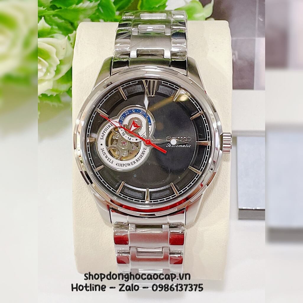 Đồng Hồ Nam Seiko Cơ Tự Động Hở Tim 9h Kim Loại Silver Mặt Đen 42mm