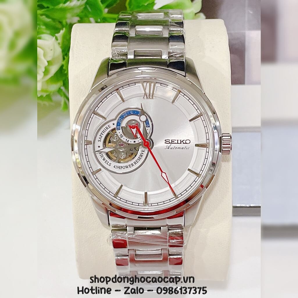 Đồng Hồ Nam Seiko Cơ Tự Động Hở Tim 9h Kim Loại Silver Mặt Trắng 42mm