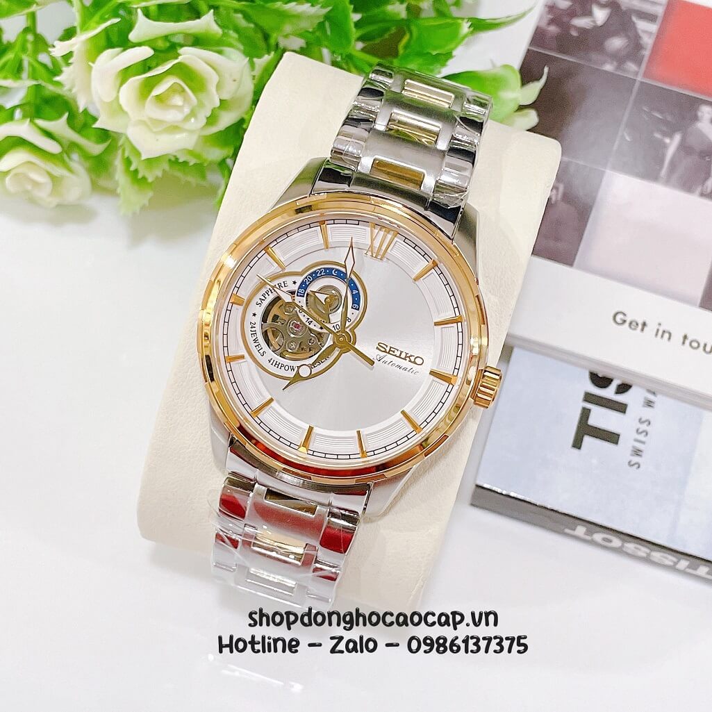 Đồng Hồ Nam Seiko Cơ Tự Động Hở Tim 9h Dây Kim Loại Demi Mặt Trắng 42mm