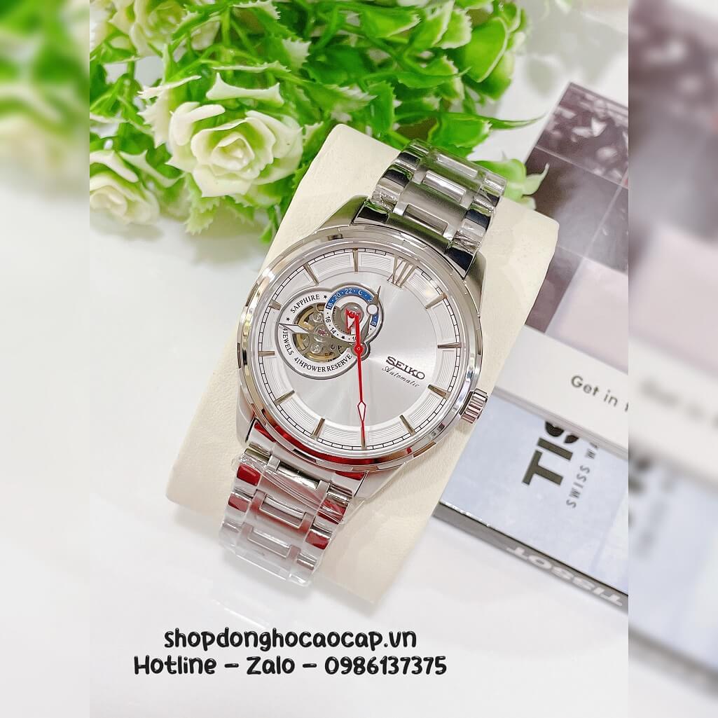 Đồng Hồ Nam Seiko Cơ Tự Động Hở Tim 9h Kim Loại Silver Mặt Trắng 42mm