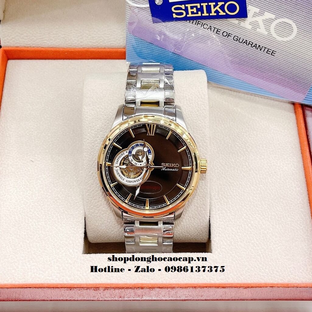 Đồng Hồ Nam Seiko Cơ Tự Động Hở Tim 9h Kim Loại Demi Mặt Đen 42mm