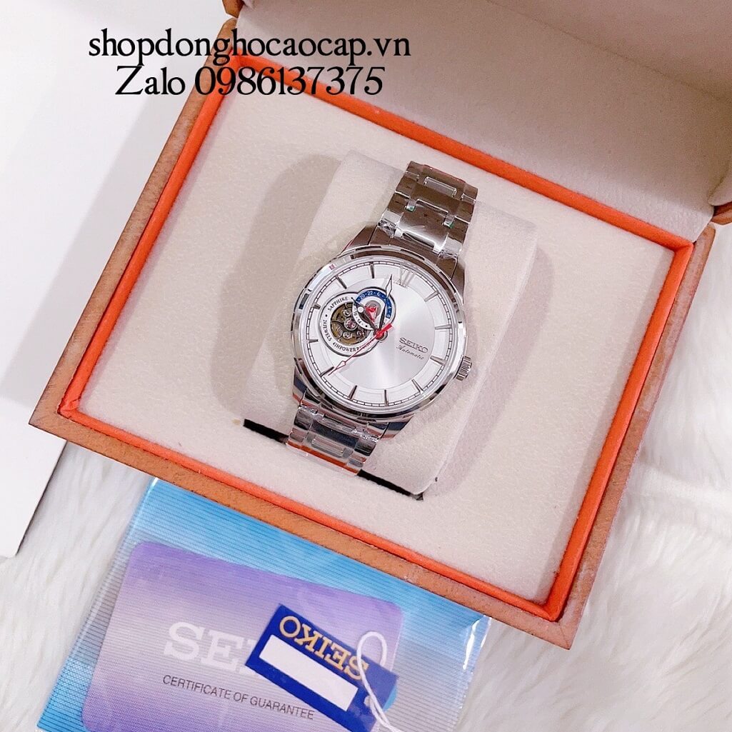 Đồng Hồ Nam Seiko Cơ Tự Động Hở Tim 9h Kim Loại Silver Mặt Trắng 42mm