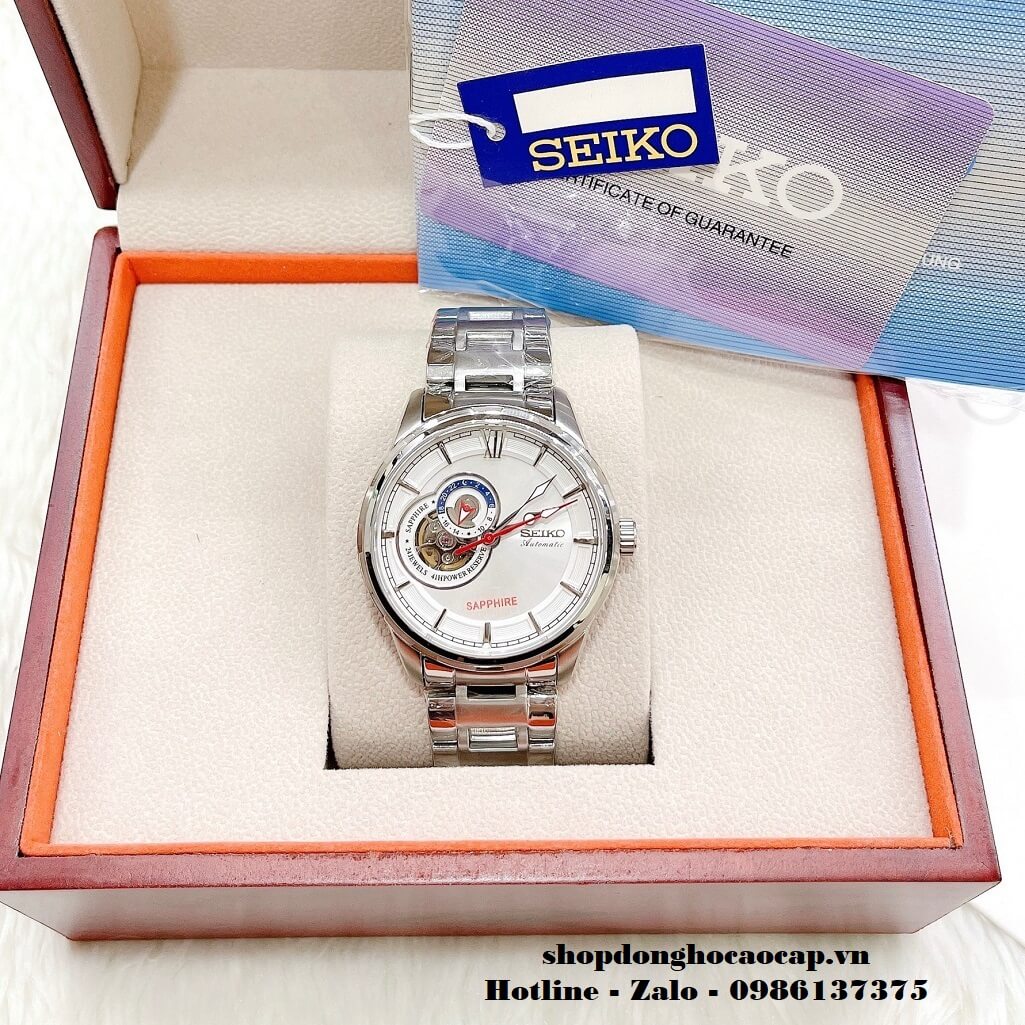 Đồng Hồ Nam Seiko Cơ Tự Động Hở Tim 9h Kim Loại Silver Mặt Trắng 42mm