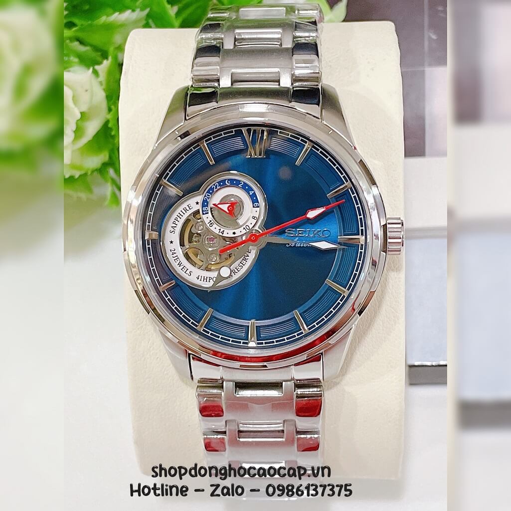 Đồng Hồ Nam Seiko Cơ Tự Động Hở Tim 9h Kim Loại Silver Mặt Xanh Dương 42mm