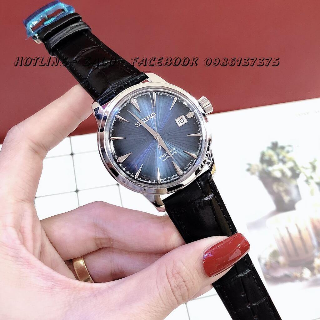 Đồng Hồ Seiko Nam Automatic Dây Da Đen Mặt Xanh Silver 40mm