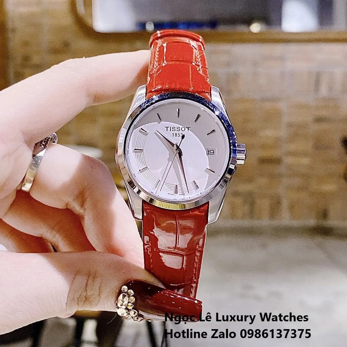 Đồng Hồ Tissot Nữ Dây Da Đỏ Mặt Trắng Size 32mm - Tissot Couturier Quartz