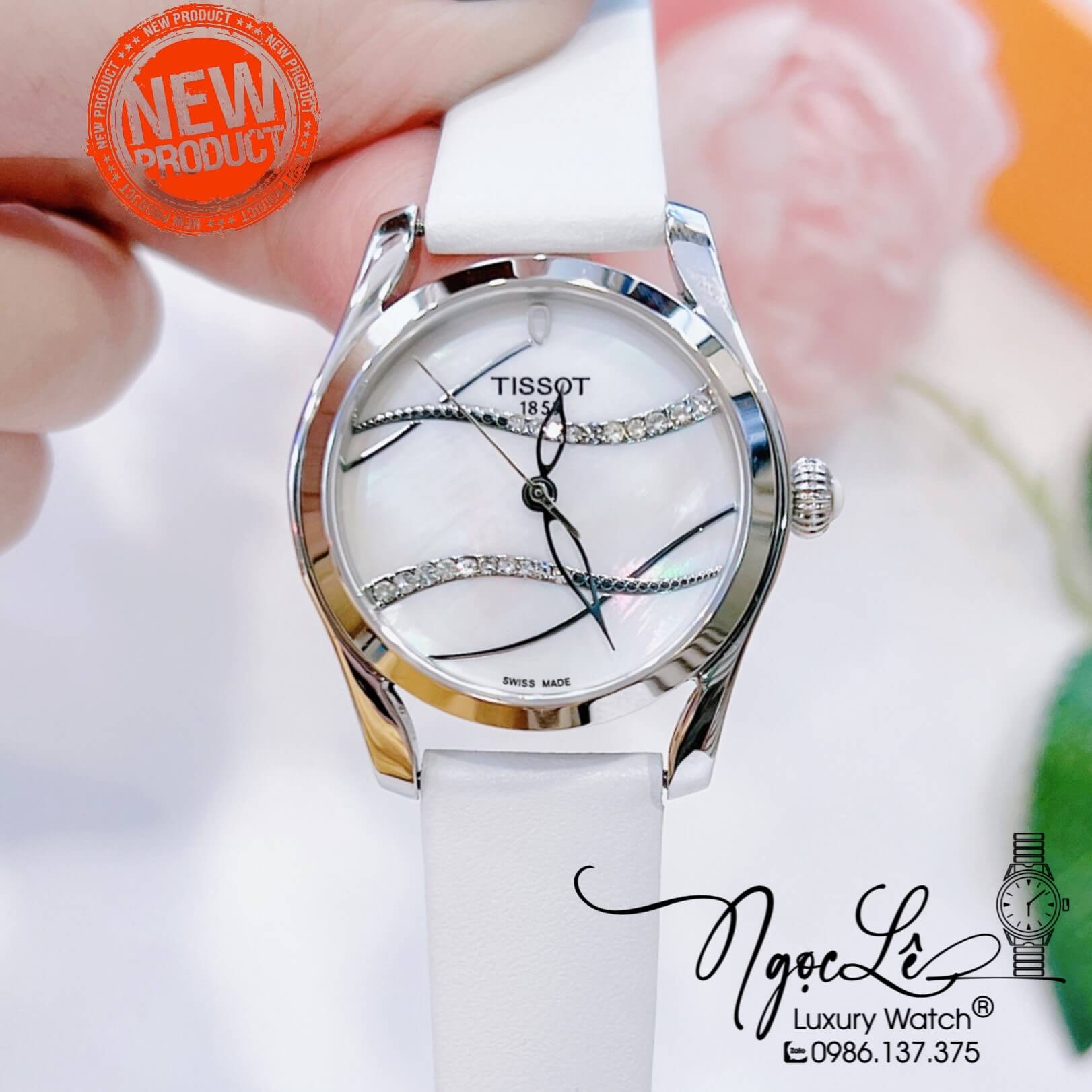 Đồng Hồ Tissot Nữ Dây Da Trắng Vỏ Bạc Mặt Gợn Sóng Size 33mm