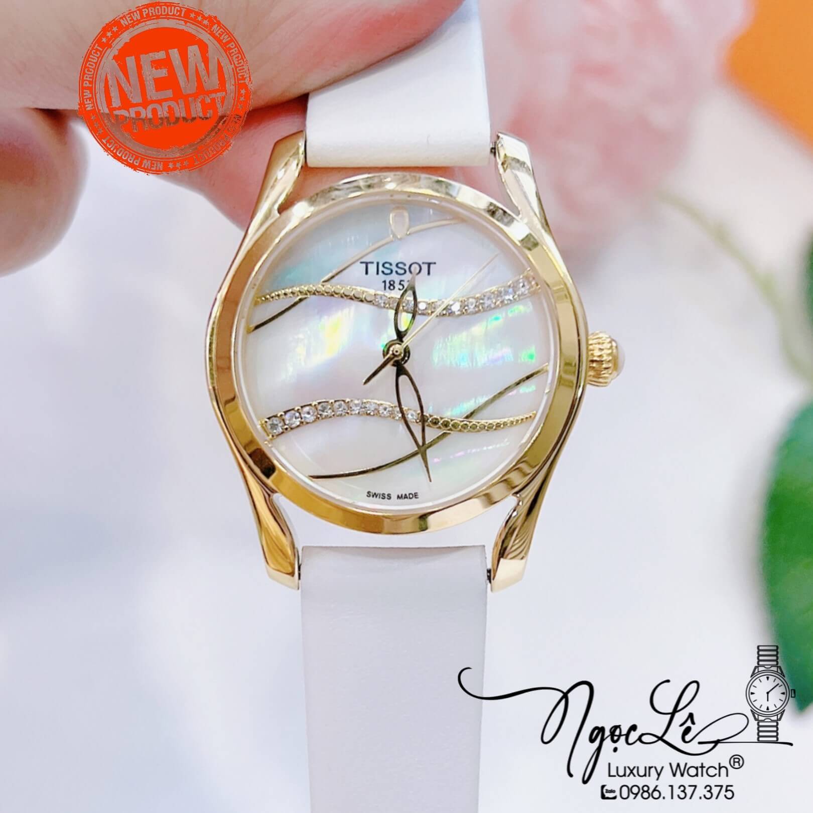 Đồng Hồ Tissot Nữ Dây Da Trắng Vỏ Gold Mặt Gợn Sóng Size 33mm