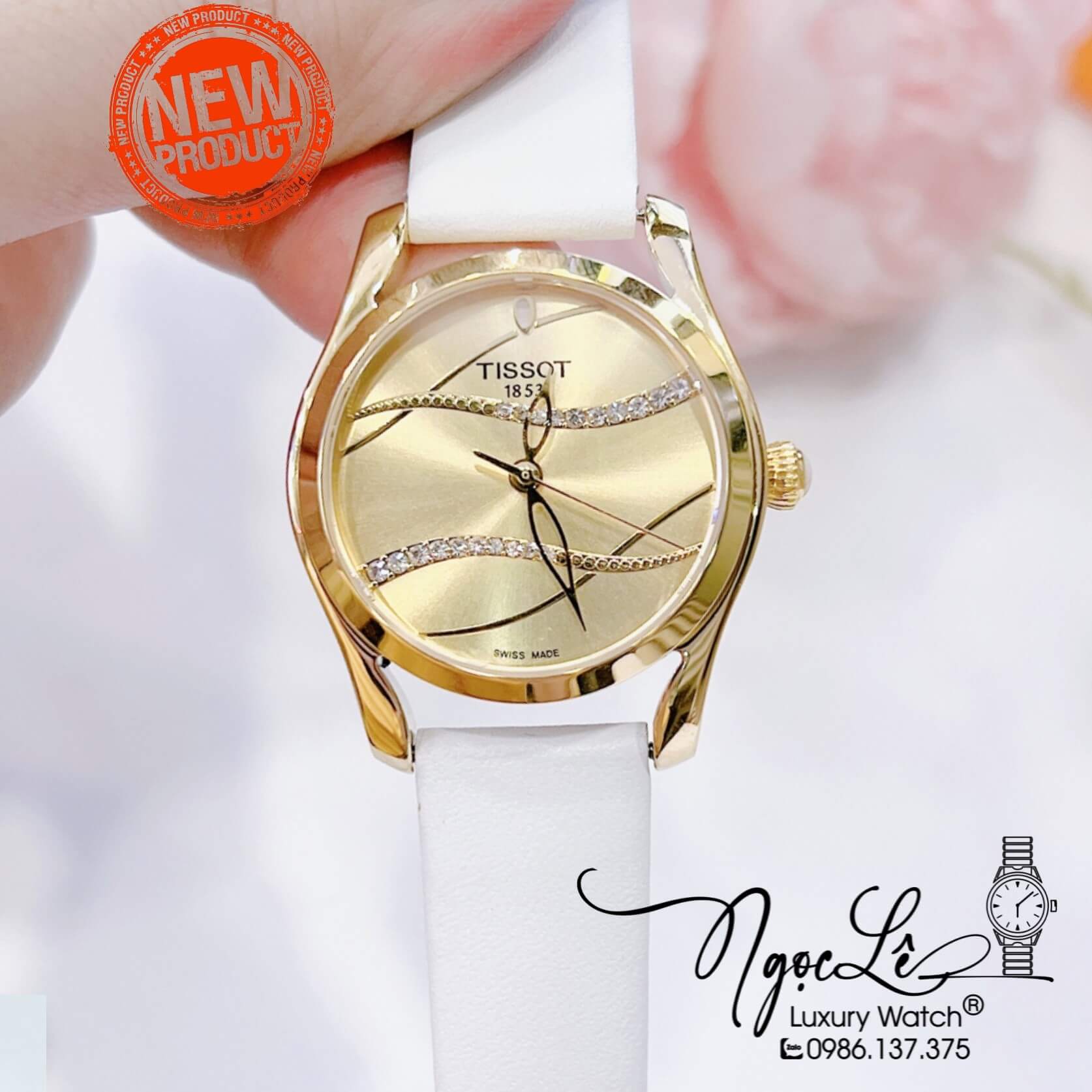 Đồng Hồ Tissot Nữ Dây Da Trắng Vỏ Vàng Gold Mặt Gợn Sóng Size 33mm