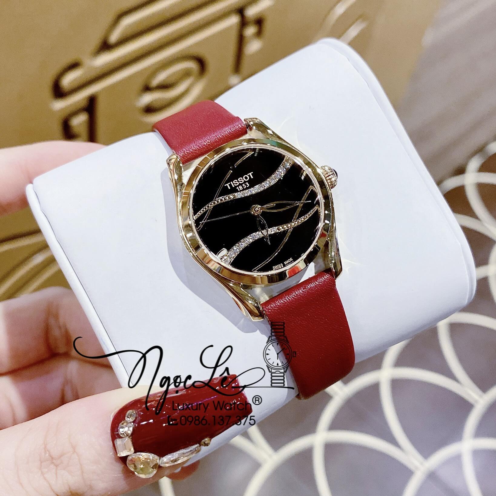 Đồng Hồ Tissot Nữ Dây Da Đỏ Vỏ Vàng Mặt Đen Gợn Sóng Size 33mm