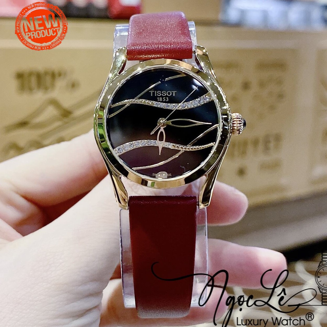 Đồng Hồ Tissot Nữ Dây Da Đỏ Vỏ Vàng Mặt Đen Gợn Sóng Size 33mm