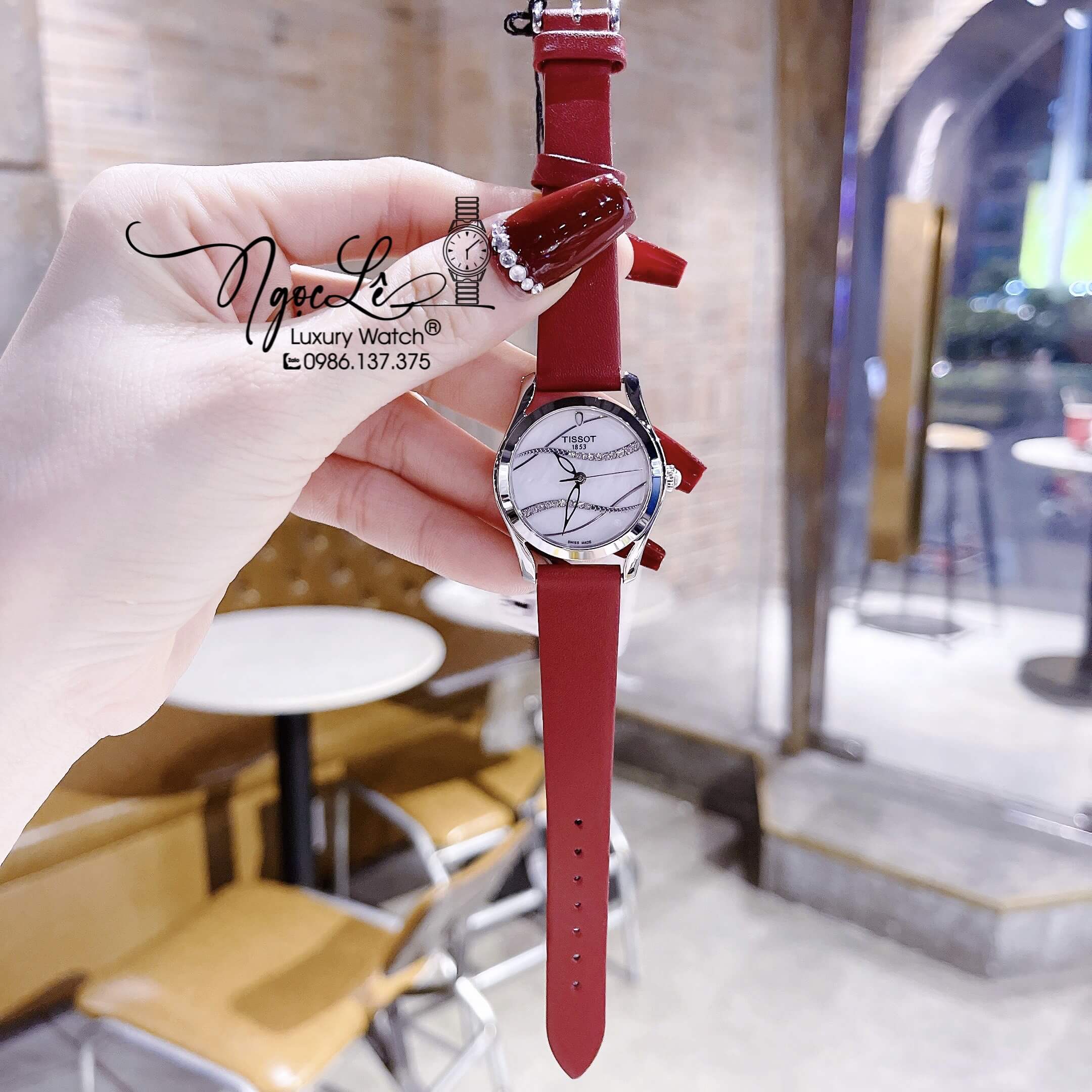 Đồng Hồ Tissot Nữ Dây Da Đỏ Vỏ Bạc Mặt Gợn Sóng Size 33mm