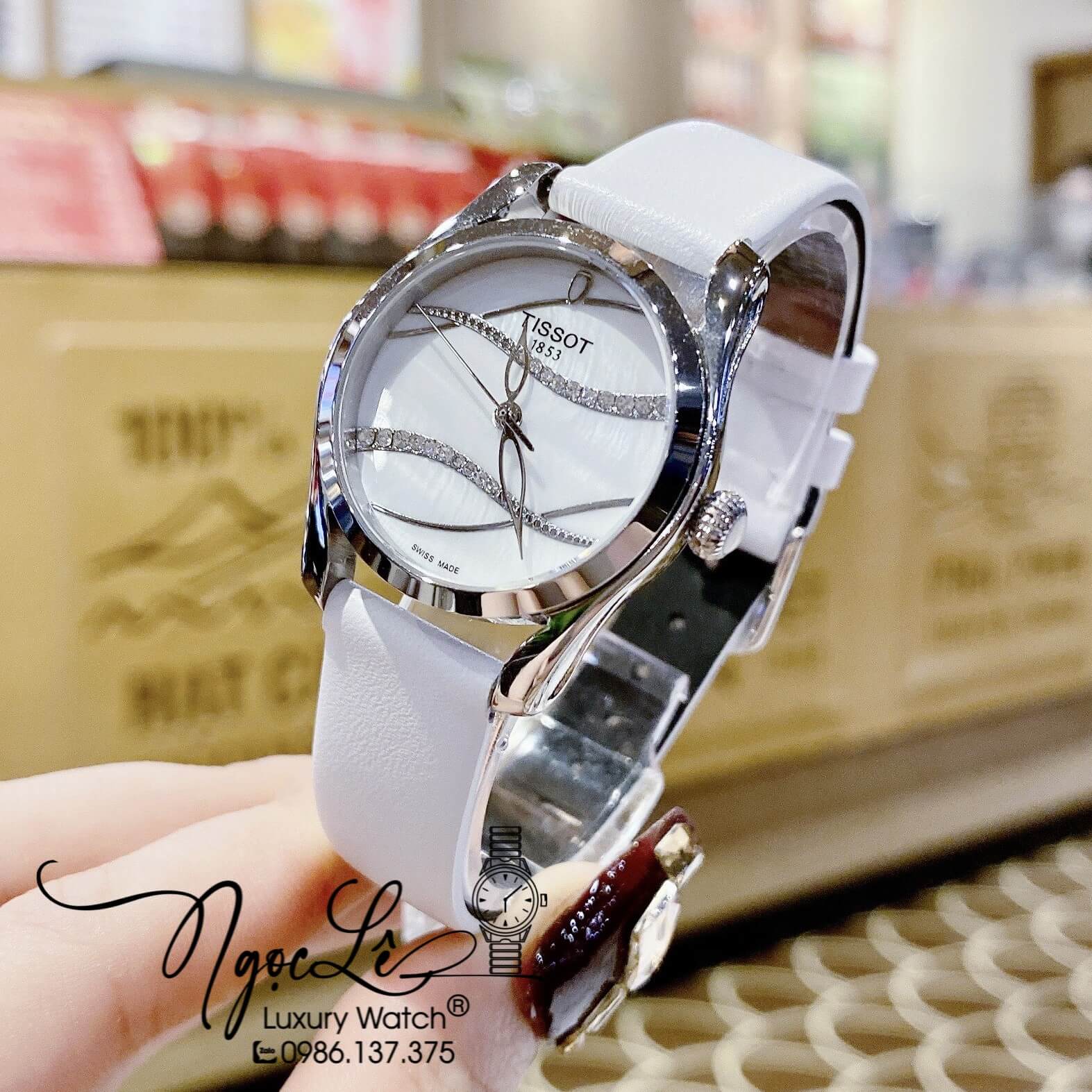 Đồng Hồ Tissot Nữ Dây Da Trắng Vỏ Bạc Mặt Gợn Sóng Size 33mm