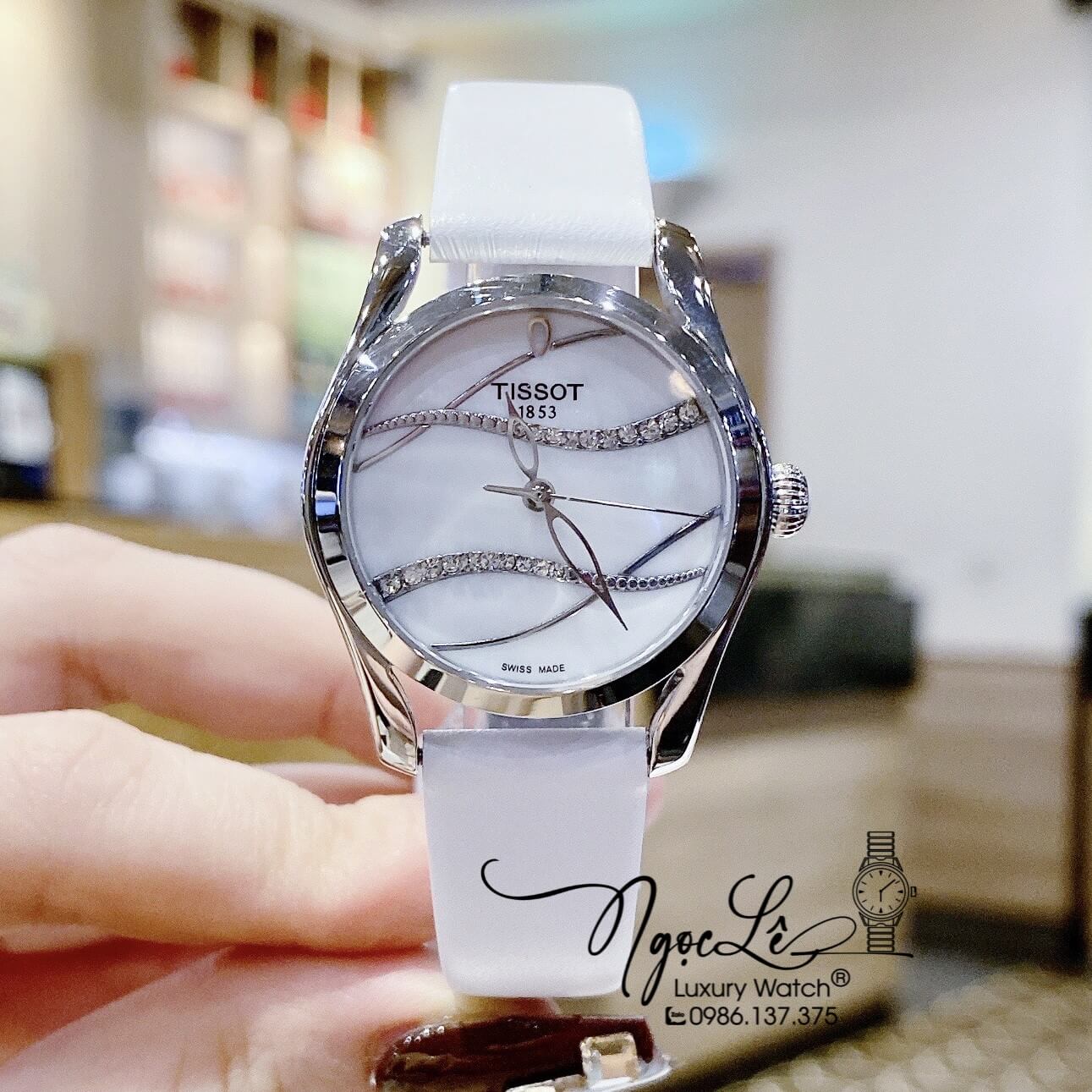 Đồng Hồ Tissot Nữ Dây Da Trắng Vỏ Bạc Mặt Gợn Sóng Size 33mm