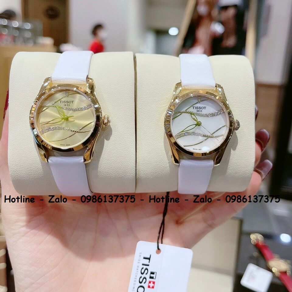 Đồng Hồ Tissot Nữ Dây Da Trắng Mặt Vàng Gợn Sóng 33mm Gold