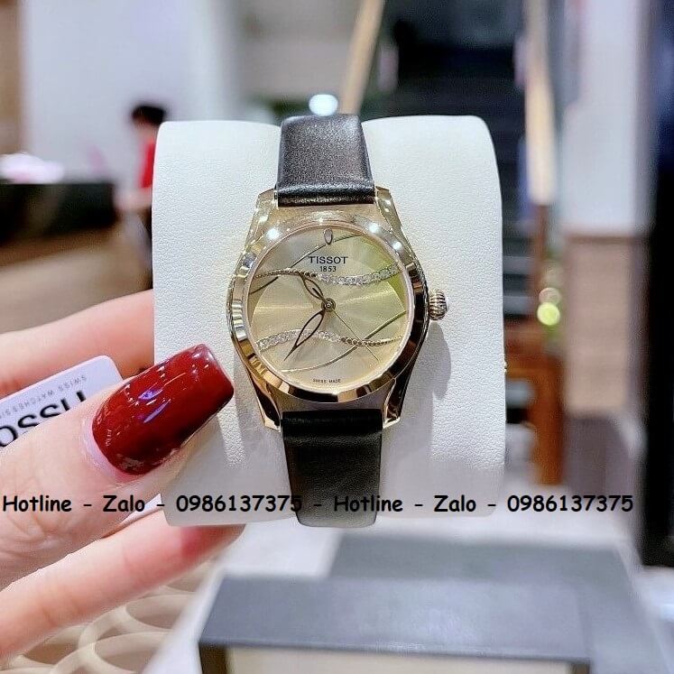 Đồng Hồ Tissot Nữ Dây Da Đen Mặt Vàng Gợn Sóng 33mm Gold