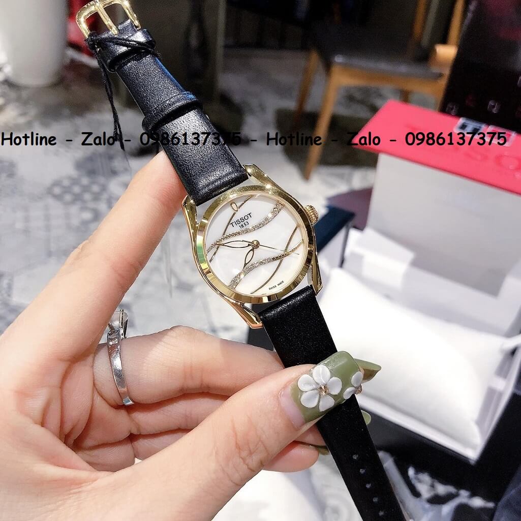 Đồng Hồ Tissot Nữ Dây Da Đen Mặt Trắng Gợn Sóng 33mm Gold