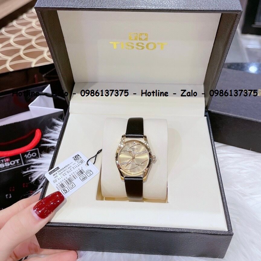 Đồng Hồ Tissot Nữ Dây Da Đen Mặt Vàng Gợn Sóng 33mm Gold