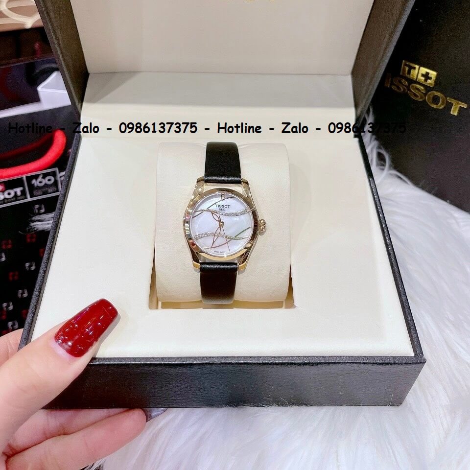 Đồng Hồ Tissot Nữ Dây Da Đen Mặt Trắng Gợn Sóng 33mm Gold