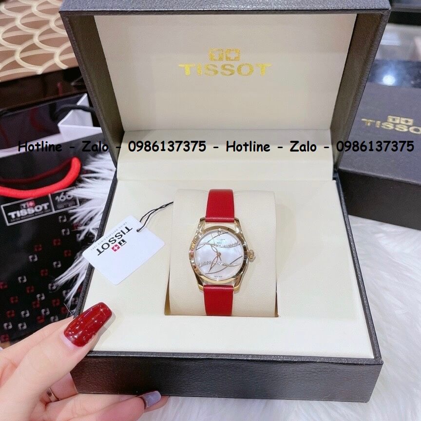 Đồng Hồ Tissot Nữ Dây Da Đỏ Mặt Trắng Gợn Sóng 33mm