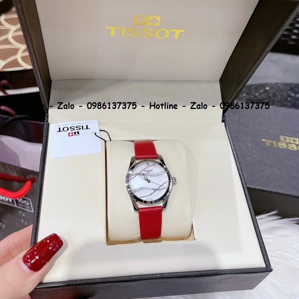 Đồng Hồ Tissot Nữ Dây Da Đỏ Mặt Trắng Gợn Sóng 33mm Silver