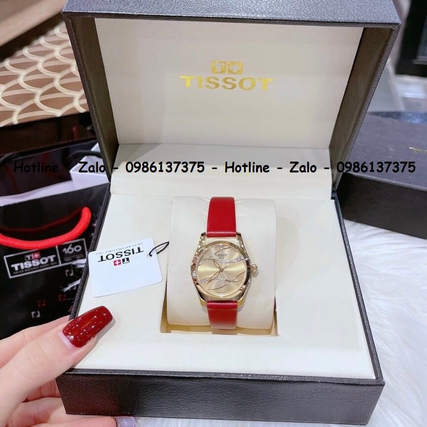 Đồng Hồ Tissot Nữ Dây Da Đỏ Mặt Vàng Gợn Sóng 33mm Gold