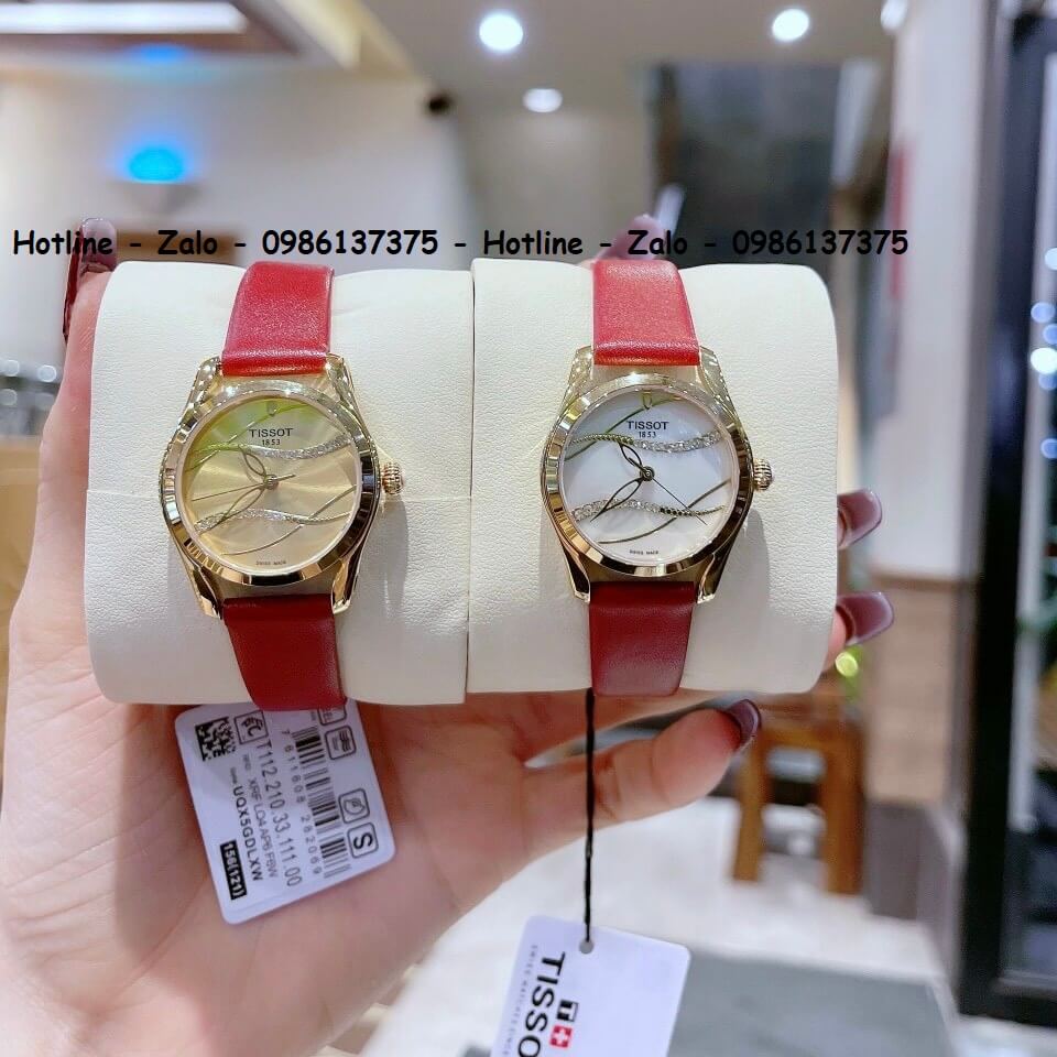 Đồng Hồ Tissot Nữ Dây Da Đỏ Mặt Vàng Gợn Sóng 33mm Gold