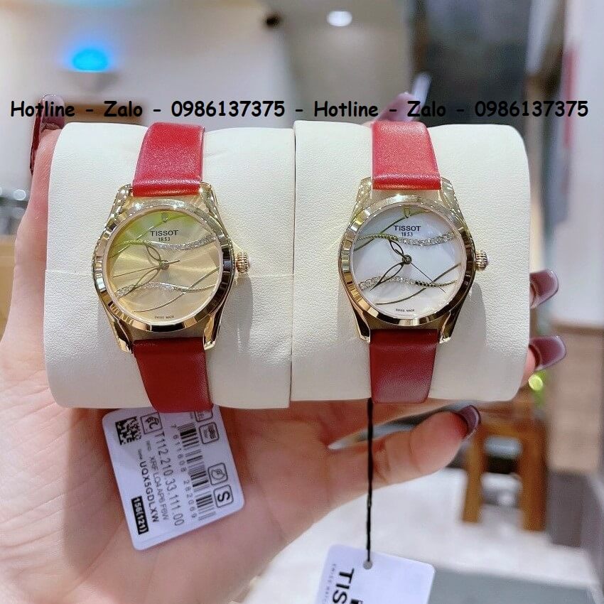 Đồng Hồ Tissot Nữ Dây Da Đỏ Mặt Vàng Gợn Sóng 33mm Gold