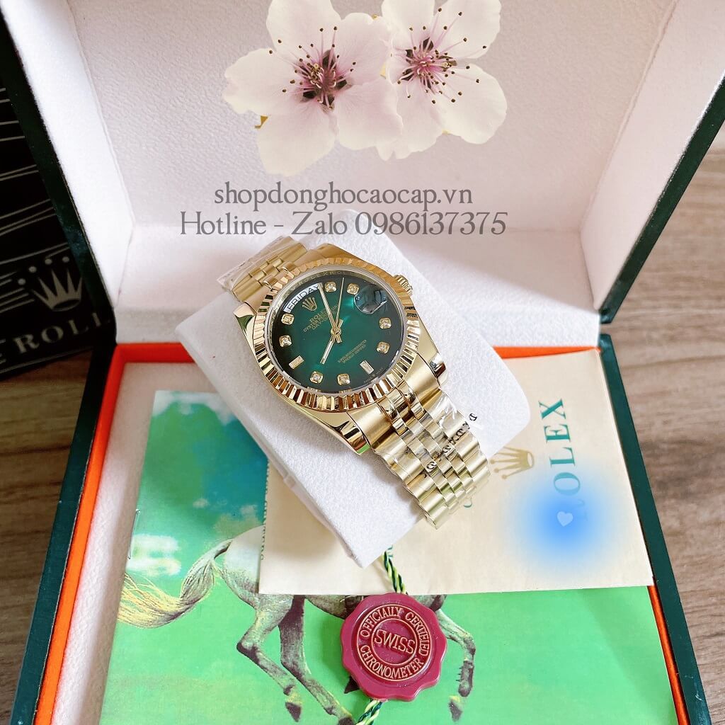 Đồng Hồ Unisex Rolex Automatic (Tự Động) Viền Khía Mặt Xanh Lá Gold 36mm