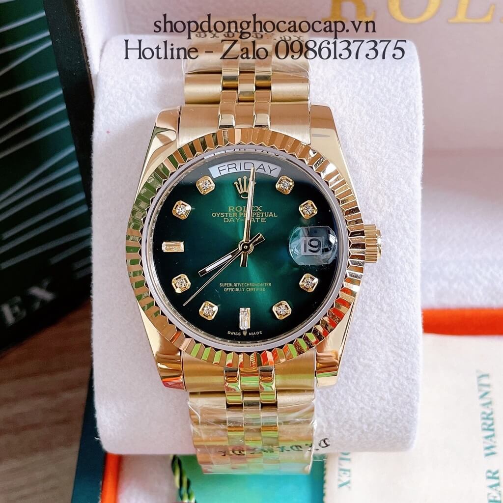 Đồng Hồ Unisex Rolex Automatic (Tự Động) Viền Khía Mặt Xanh Lá Gold 36mm