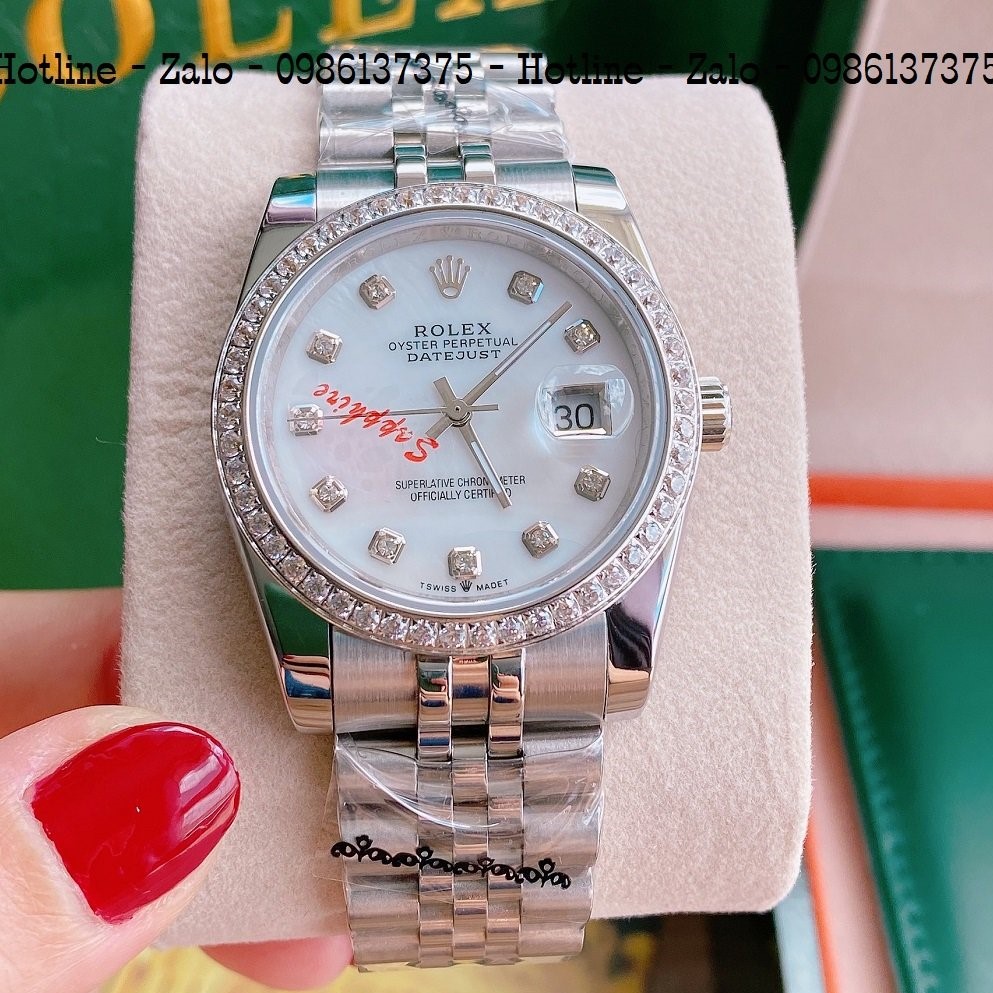 Đồng Hồ Unisex Rolex Viền Đá Dây Bạc Mặt Trắng Ngọc 36mm