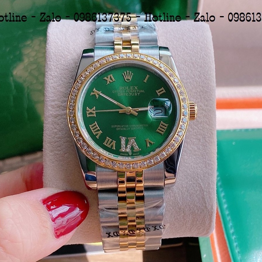 Đồng Hồ Unisex Rolex Viền Đá Dây Demi Mặt Green 36mm