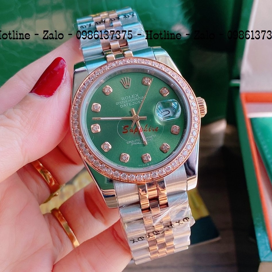 Đồng Hồ Unisex Rolex Viền Đá Dây Demi Mặt Green 36mm