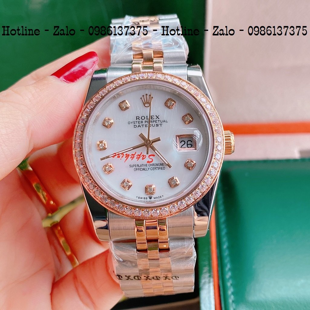 Đồng Hồ Unisex Rolex Viền Đá Dây Demi Mặt Trắng Ngọc 36mm