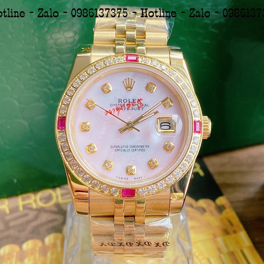 Đồng Hồ Unisex Rolex Viền Đá Dây Vàng Mặt Hồng Ngọc 36mm