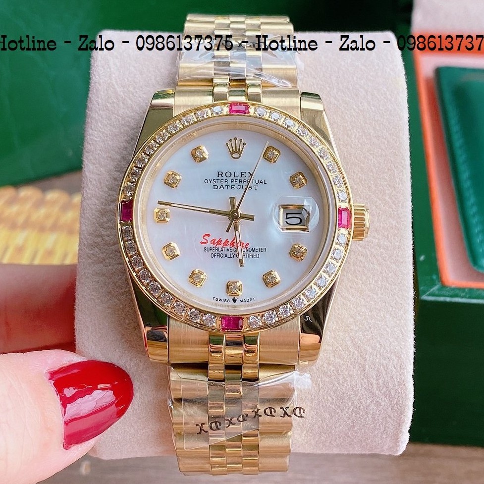 Đồng Hồ Unisex Rolex Viền Đá Dây Vàng Mặt Trắng Ngọc 36mm