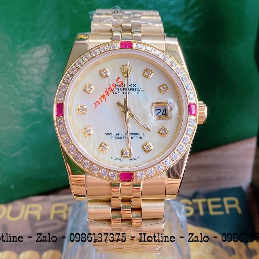 Đồng Hồ Unisex Rolex Viền Đá Dây Vàng Mặt Vàng Ngọc 36mm