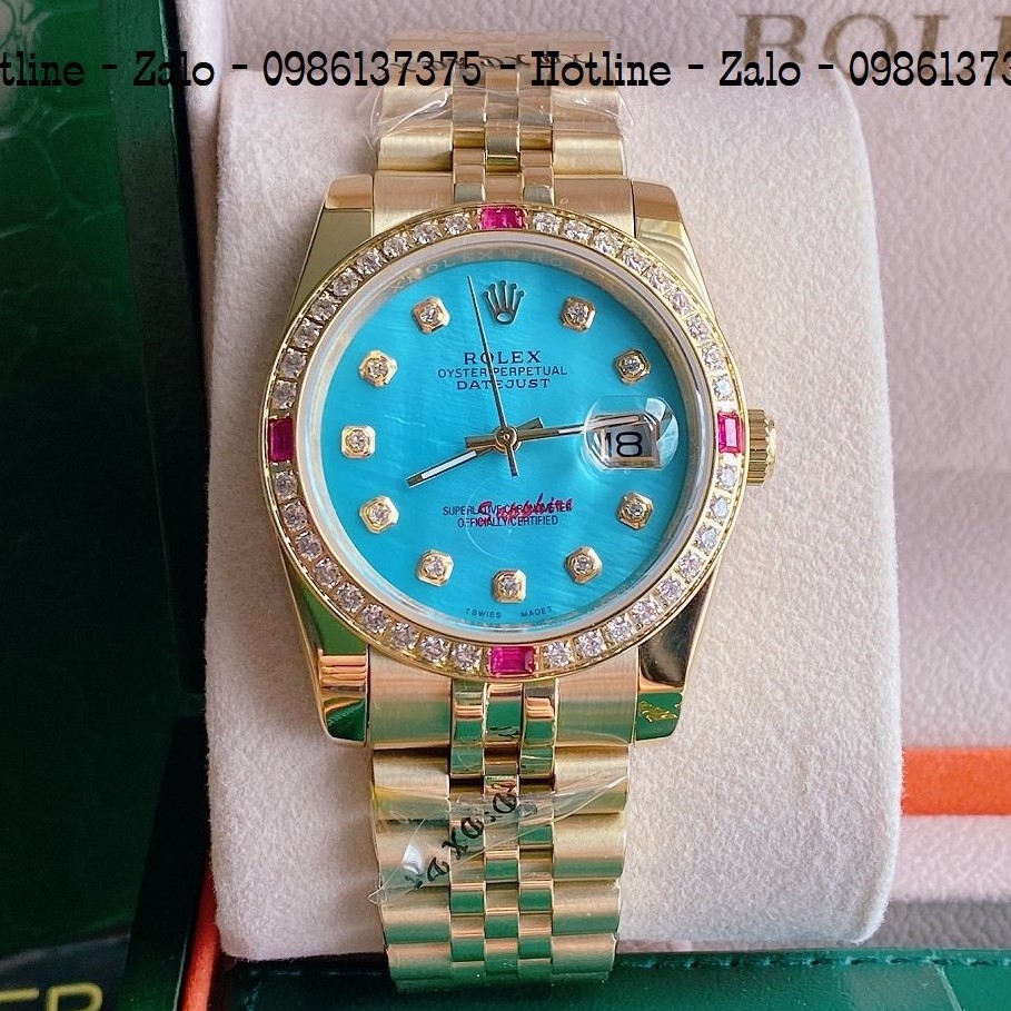 Đồng Hồ Unisex Rolex Viền Đá Dây Vàng Mặt Xanh Ngọc 36mm