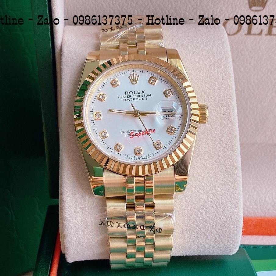 Đồng Hồ Unisex Rolex Viền Khía Dây Vàng Mặt Trắng 36mm