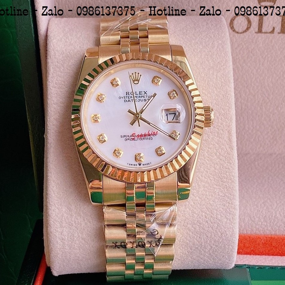 Đồng Hồ Unisex Rolex Viền Khía Dây Vàng Mặt Trắng Ngọc 36mm