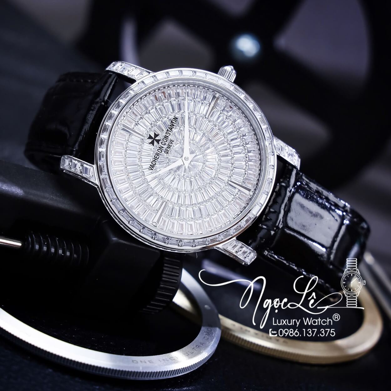 Đồng Hồ Nam Vacheron Constantin Siêu Cấp Dây Da Đen Đính Đá Vỏ Silver 40mm