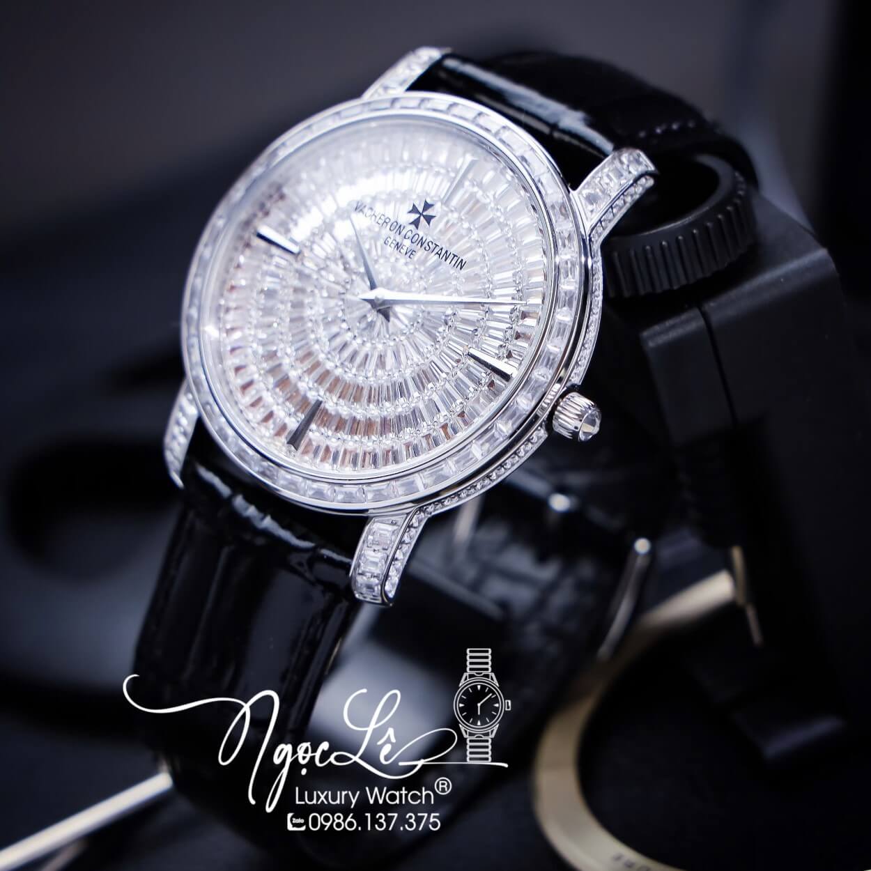 Đồng Hồ Nam Vacheron Constantin Siêu Cấp Dây Da Đen Đính Đá Vỏ Silver 40mm