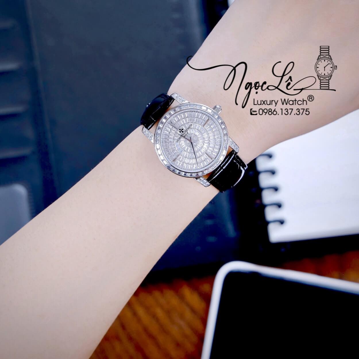 Đồng Hồ Nữ Vacheron Constantin Siêu Cấp Dây Da Đen Đính Đá Vỏ Silver 34mm