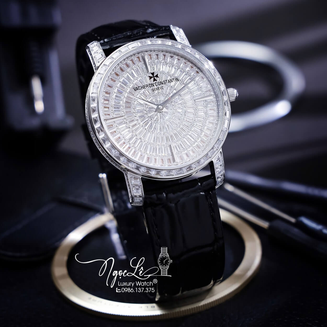 Đồng Hồ Nam Vacheron Constantin Siêu Cấp Dây Da Đen Đính Đá Vỏ Silver 40mm