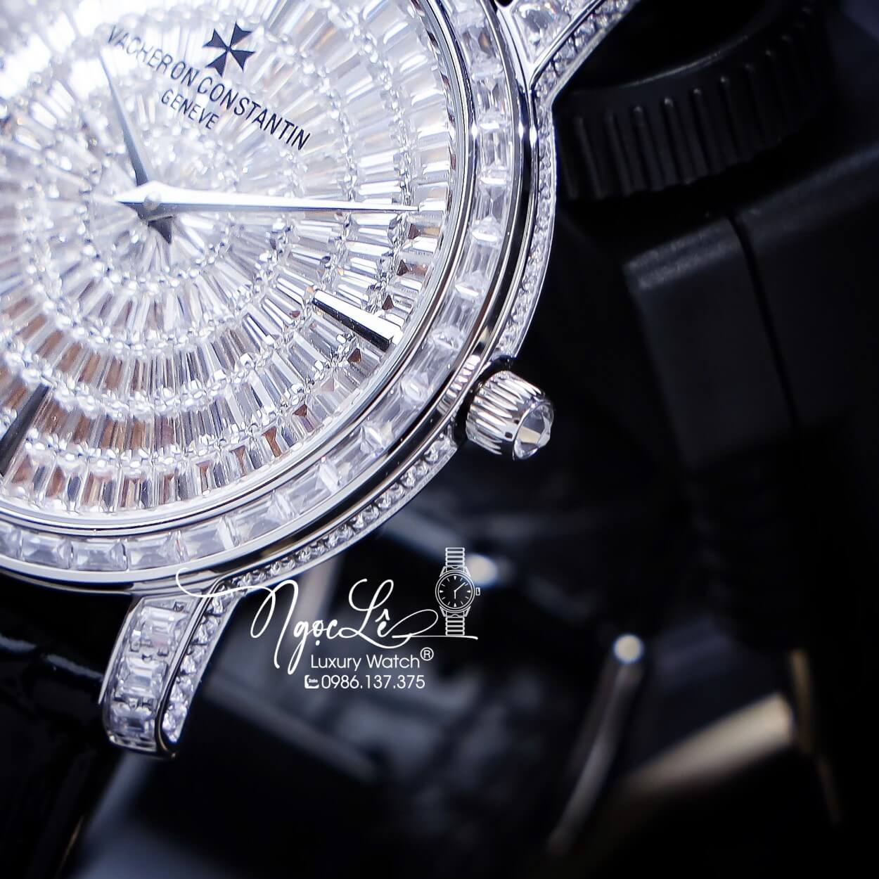 Đồng Hồ Nam Vacheron Constantin Siêu Cấp Dây Da Đen Đính Đá Vỏ Silver 40mm