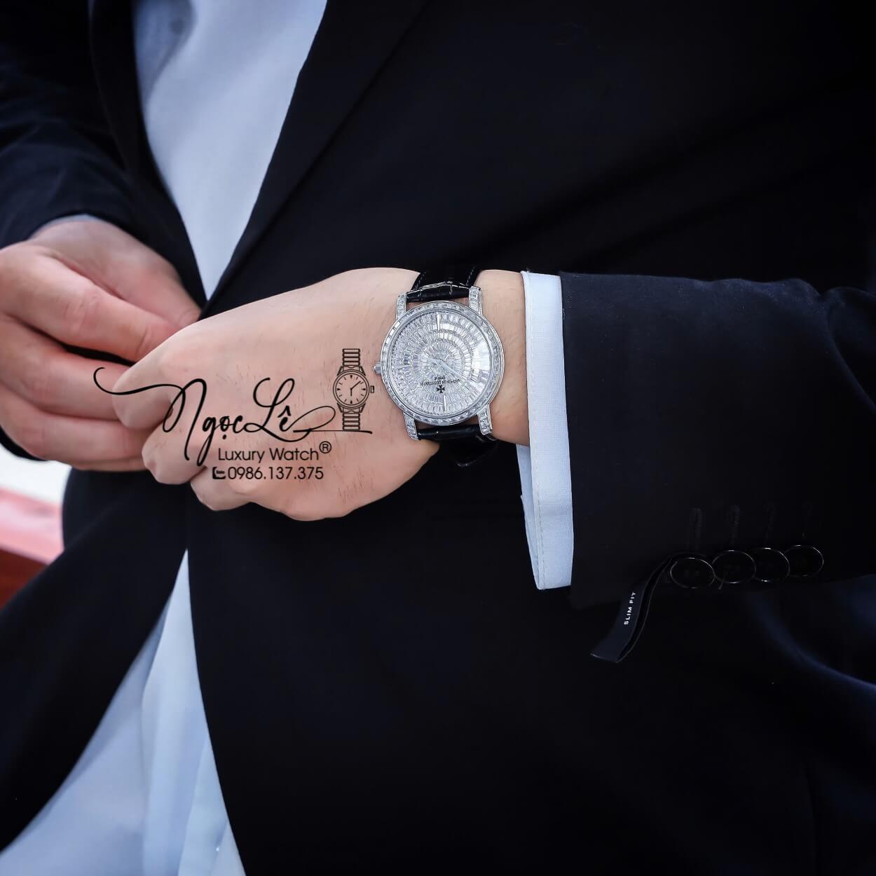 Đồng Hồ Nam Vacheron Constantin Siêu Cấp Dây Da Đen Đính Đá Vỏ Silver 40mm