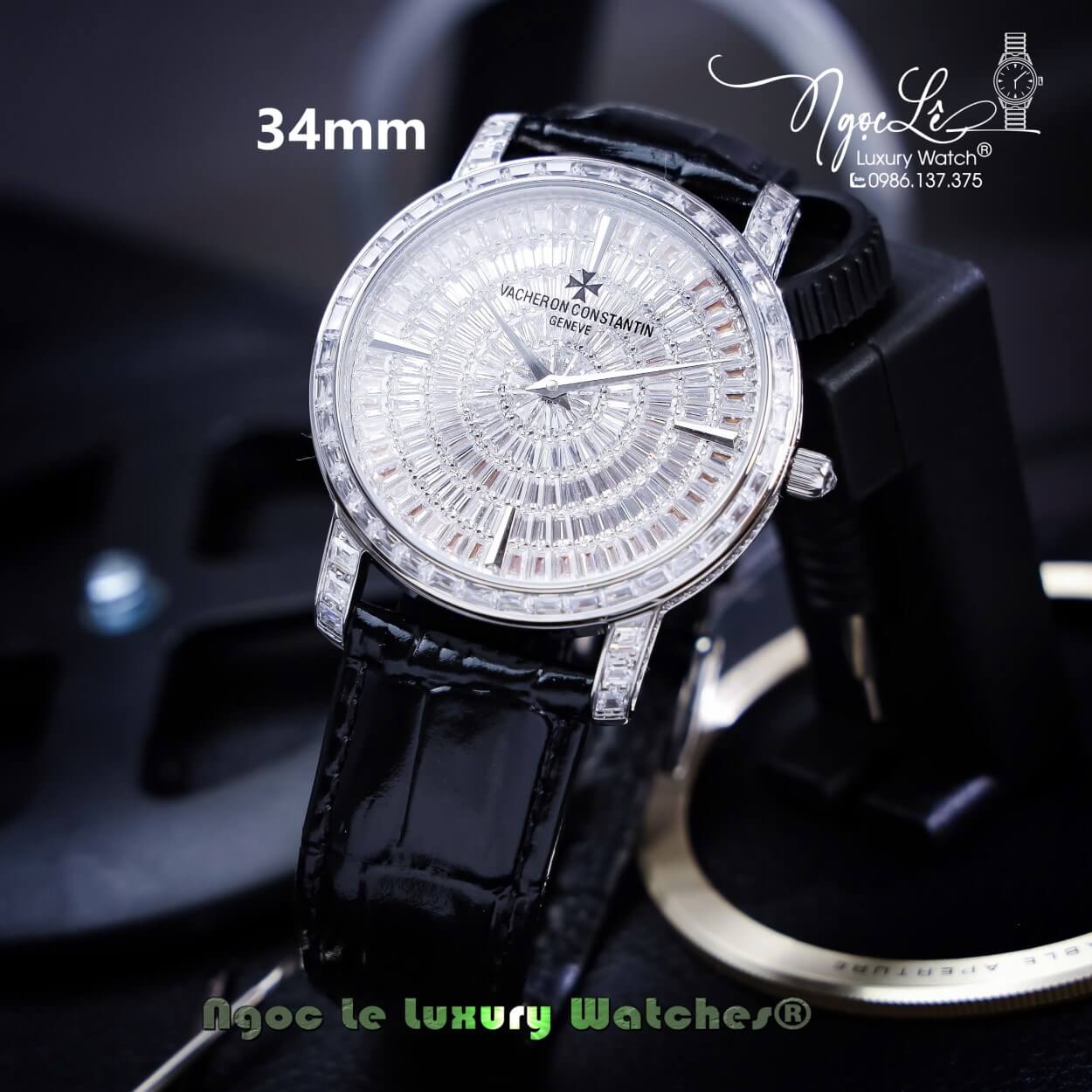 Đồng Hồ Nữ Vacheron Constantin Siêu Cấp Dây Da Đen Đính Đá Vỏ Silver 34mm