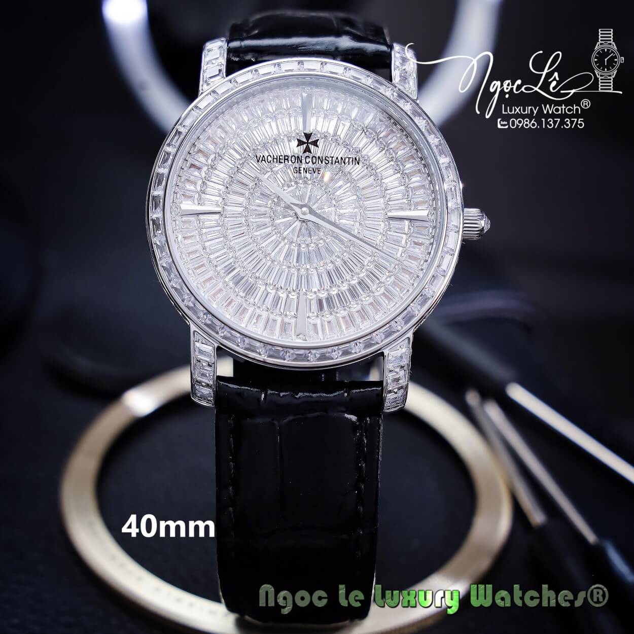 Đồng Hồ Nam Vacheron Constantin Siêu Cấp Dây Da Đen Đính Đá Vỏ Silver 40mm